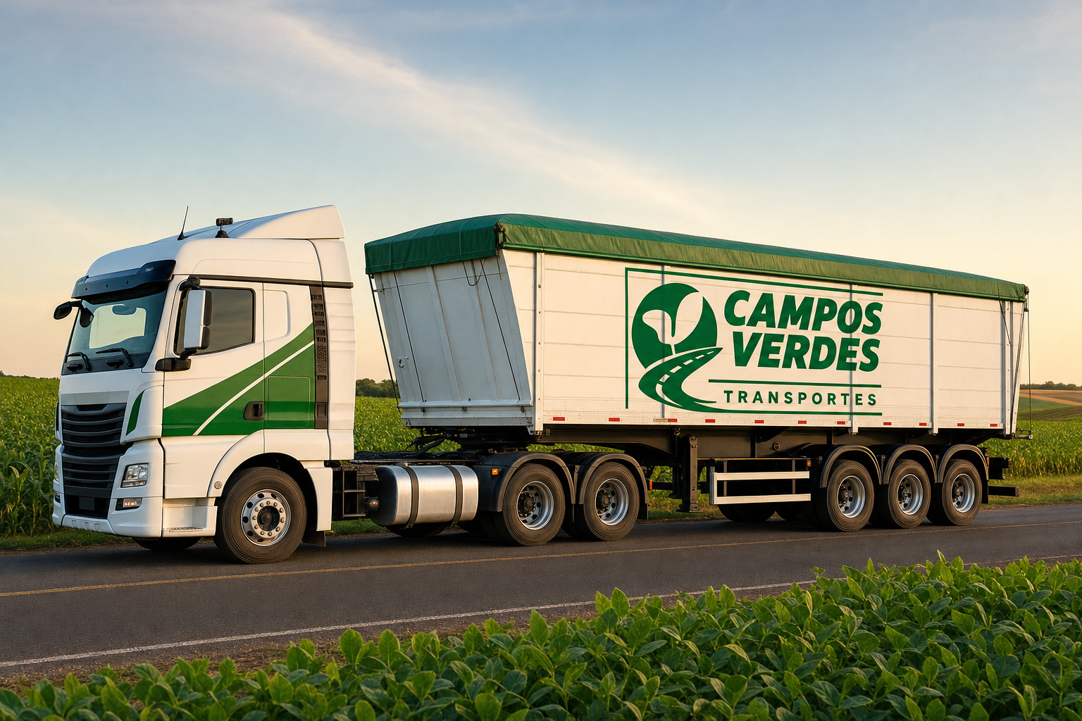Carreta graneleira da Campos Verdes Transportes com um semirreboque em uma rota agrícola